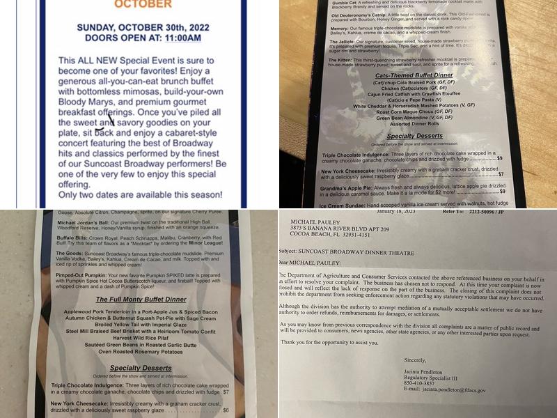 Suncoast Broadway Dinner Theatre Menu