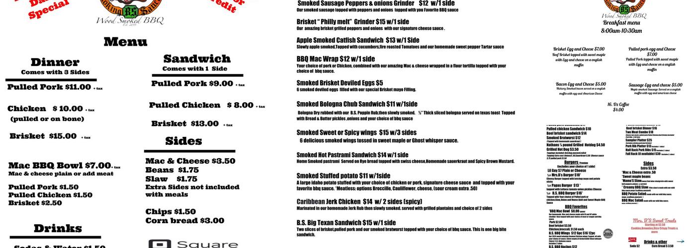 B.S. Smoking Sauces & BBQ Menu