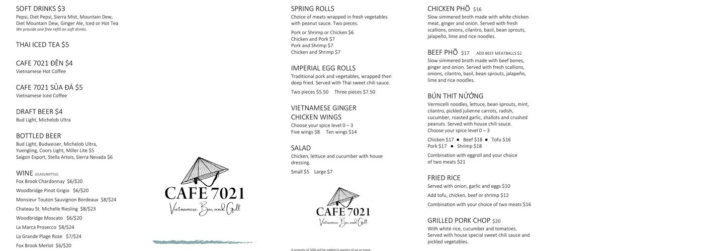 Cafe 7021 Vietnamese Bar and Grill Menu
