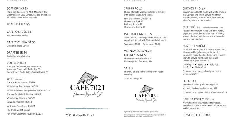 Cafe 7021 Vietnamese Bar and Grill Menu