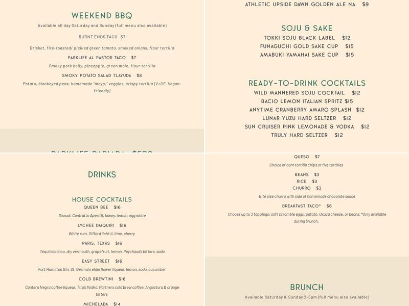 Parklife Menu