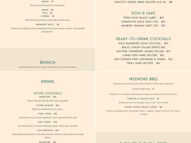 Parklife Menu