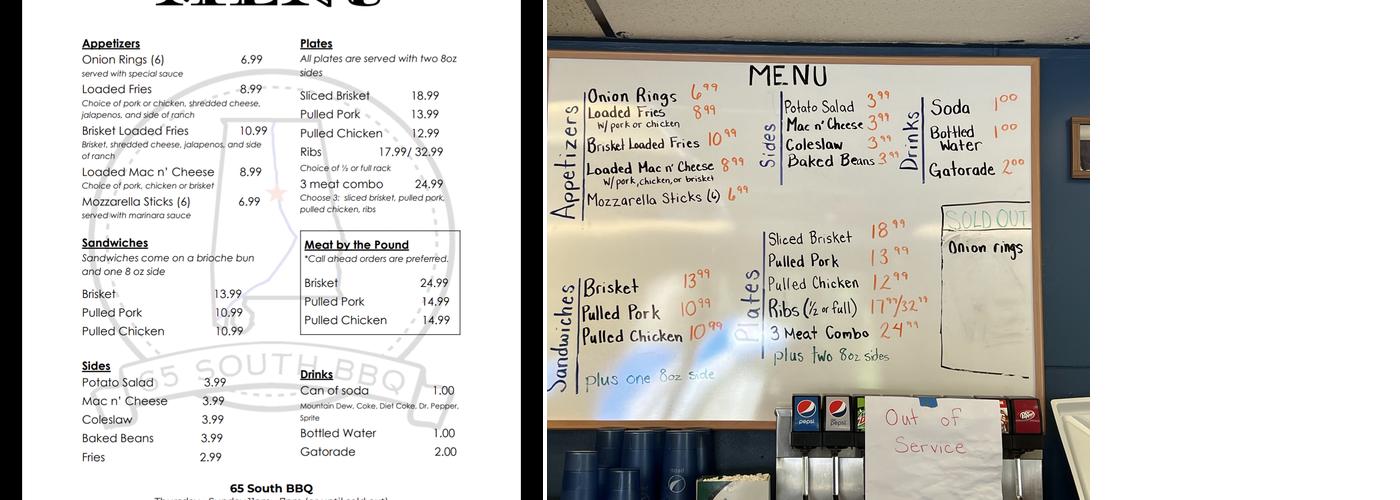 65 South BBQ Menu