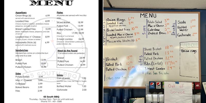 65 South BBQ Menu
