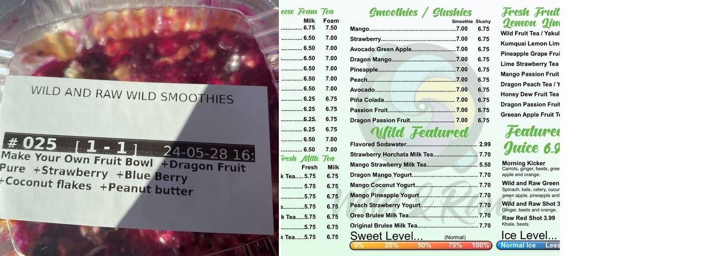 Wild and Raw Smoothies and More Menu