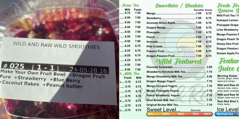 Wild and Raw Smoothies and More Menu