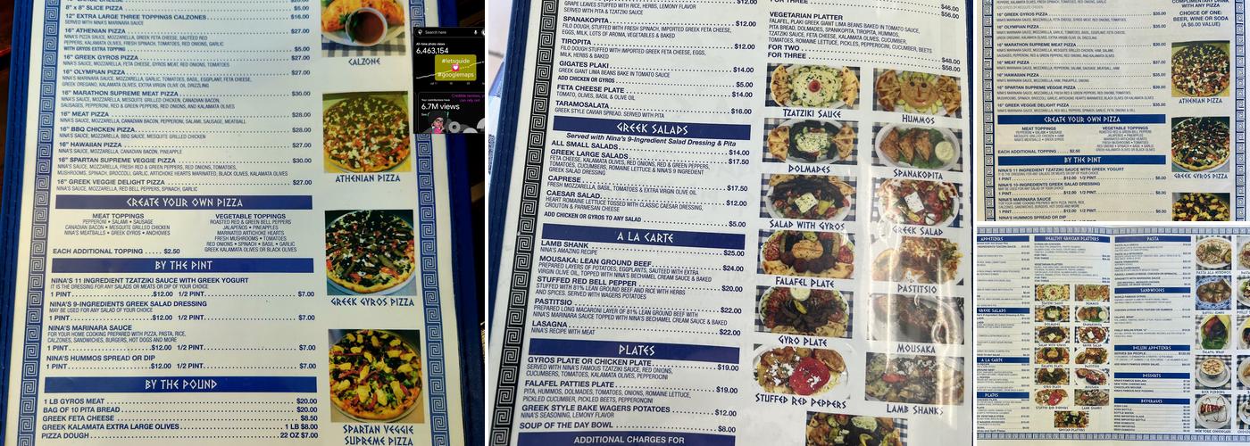 Nina’s Traditional Greek Cuisine & Pizzeria Menu