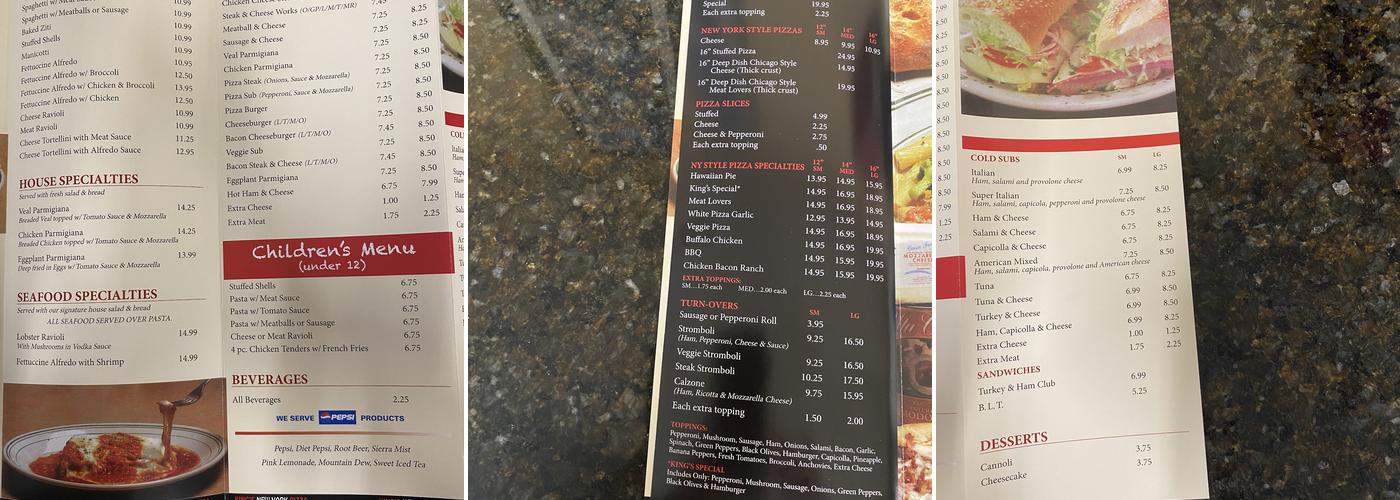 King's New York Pizza Menu