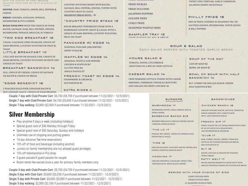 La Contenta Golf Club Menu