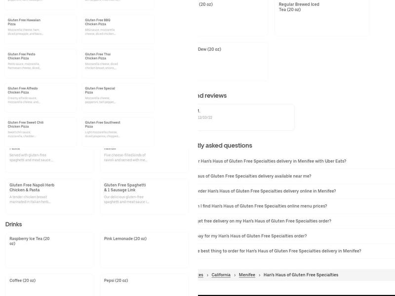 Hans Gluten Free Pizza Menu