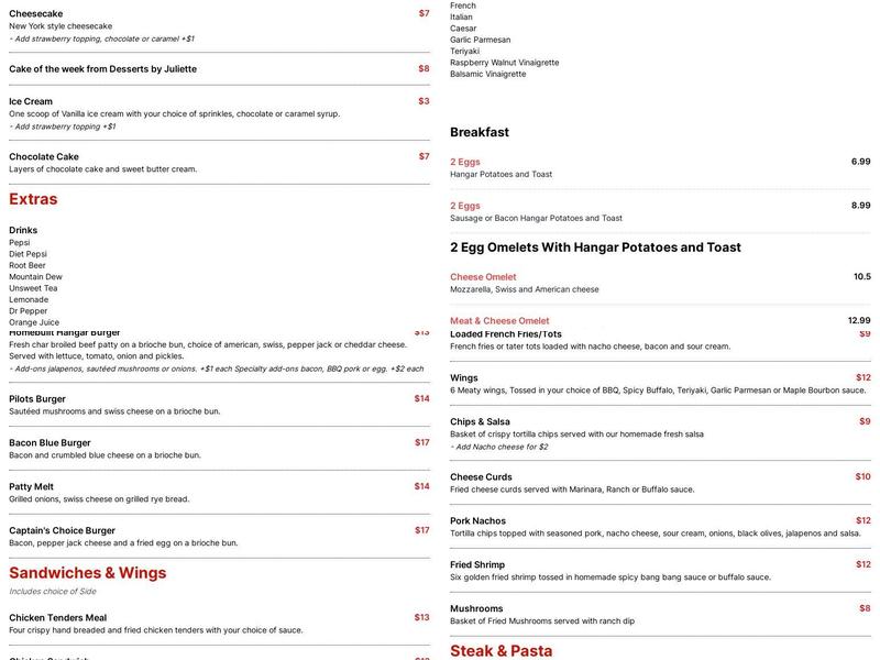 The Hangar Grill Pub Menu