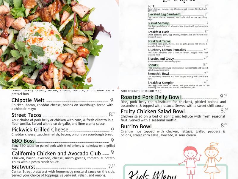 The Cafe at The Pickwick Place Menu