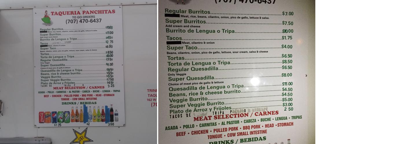 Taqueria Panchitas Menu