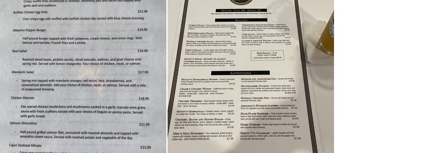 Quinns Blue Plate Menu