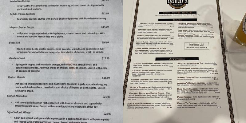 Quinns Blue Plate Menu