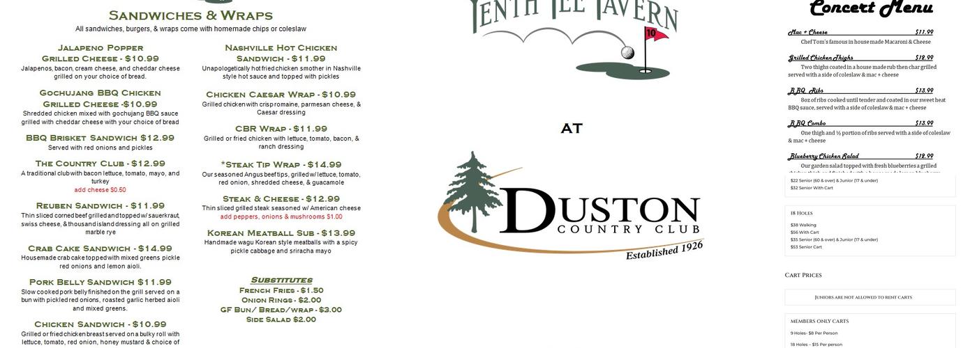 Tenth Tee Tavern Menu