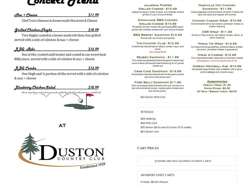 Tenth Tee Tavern Menu