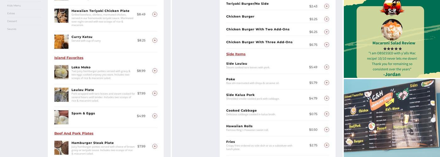 C & H Hawaiian Grill Menu