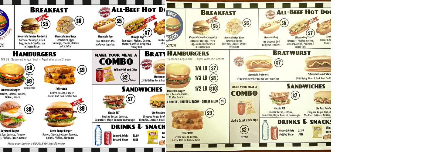 Mountain Dogz and Burgers Menu