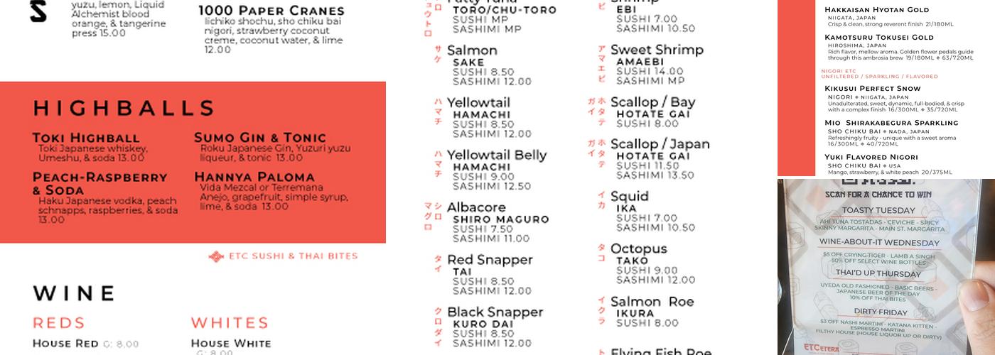ETCetera Sushi & Thai Bites Menu