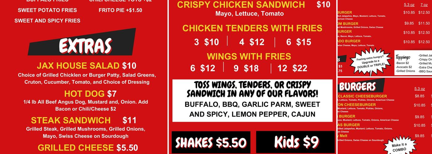 Jax Burgers Fries and Shakes Menu