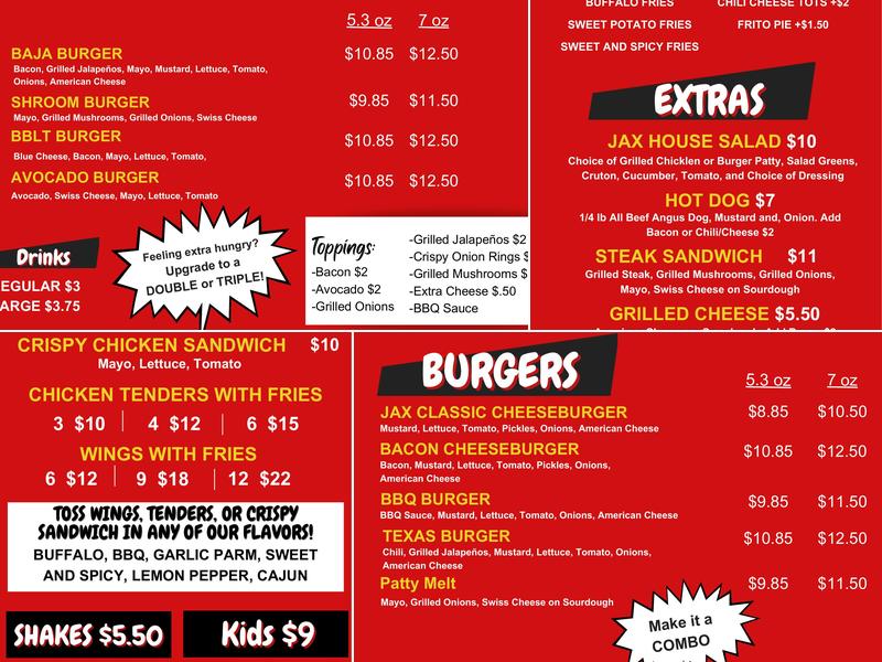 Jax Burgers Fries and Shakes Menu