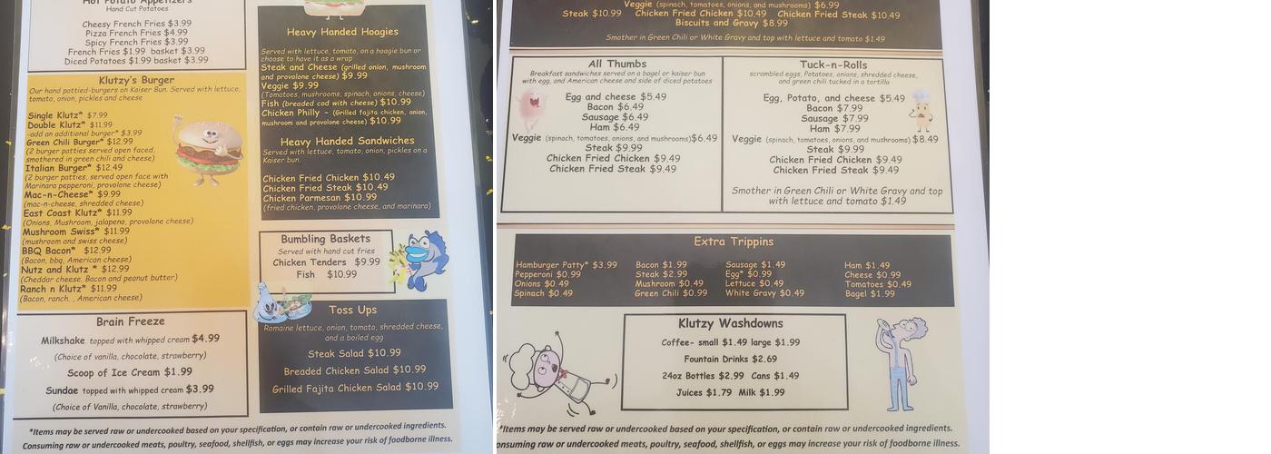 Klutzy's Eatery Menu