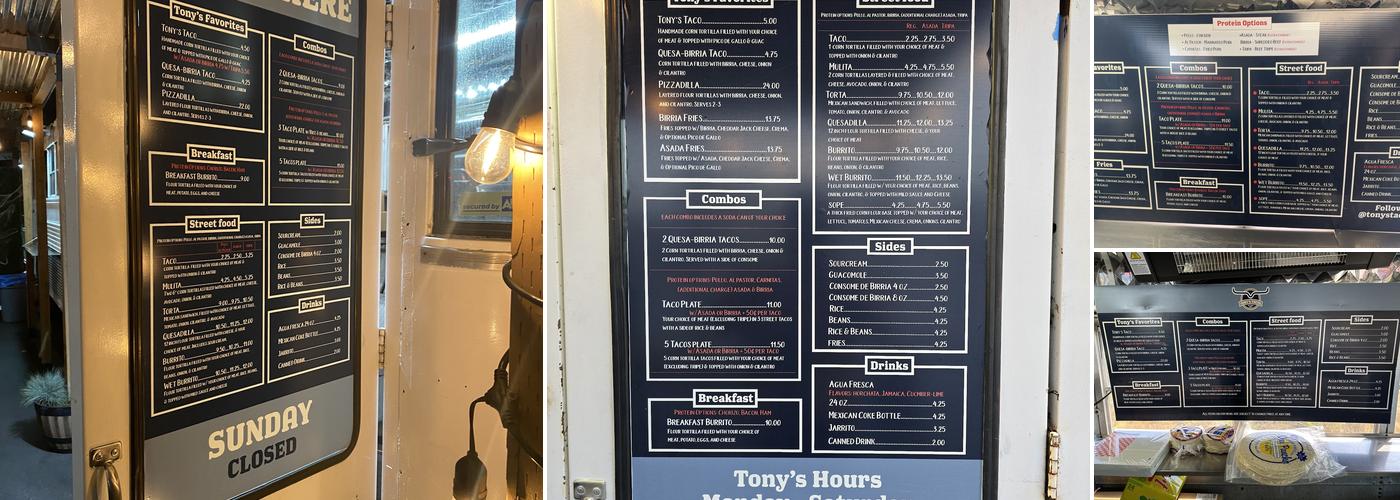 Tony's Tacos Menu