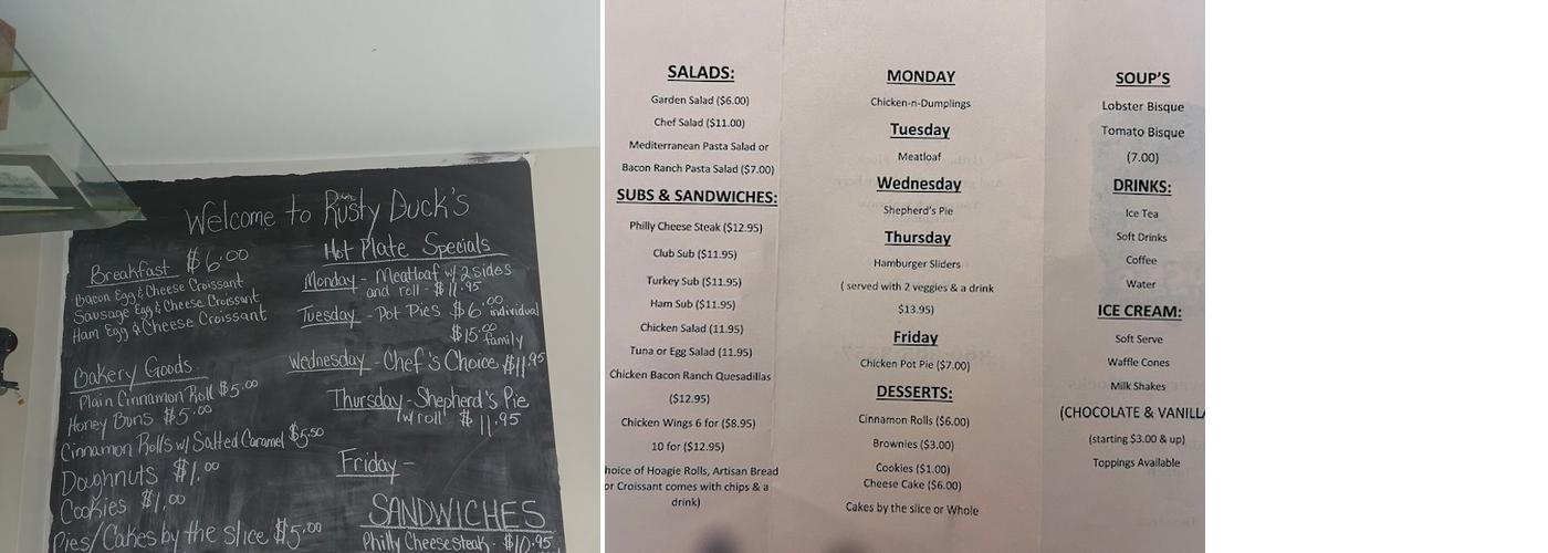 Rusty Ducks Inc Menu