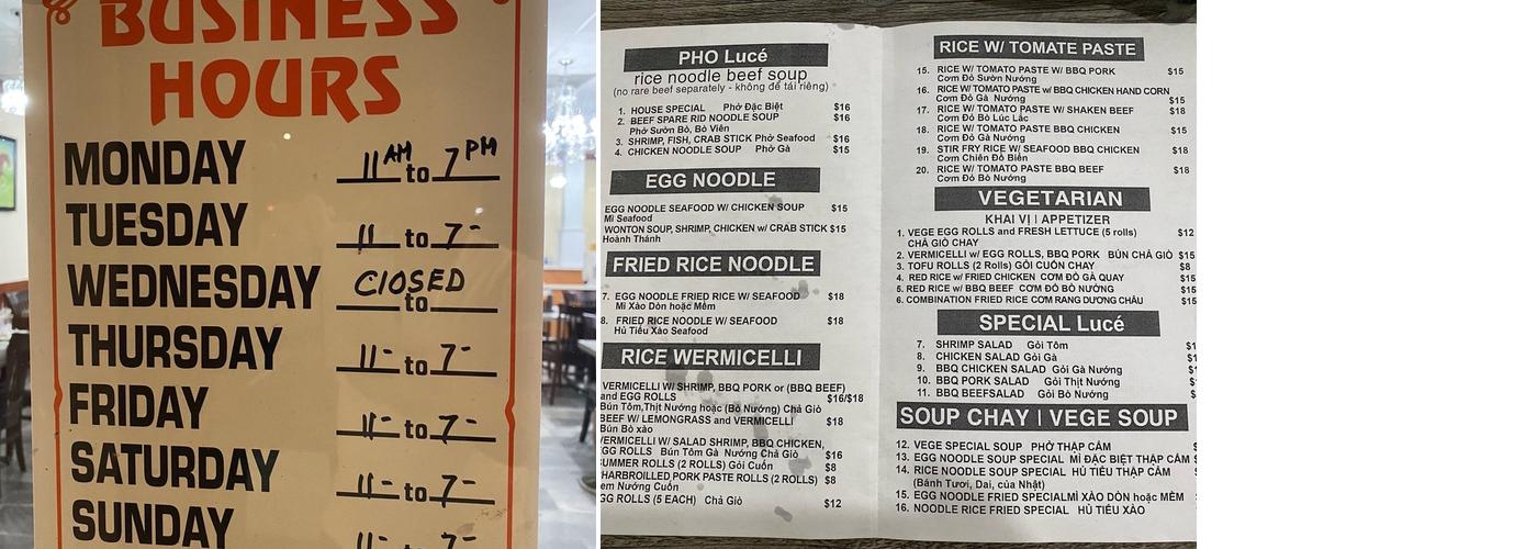 Pho Lucé Menu