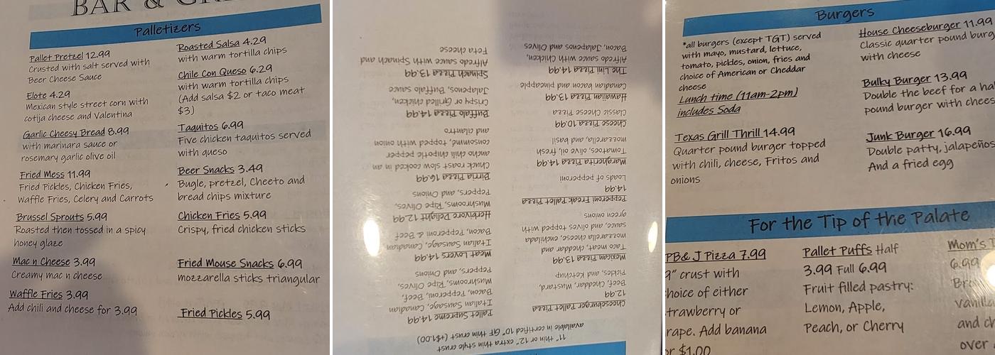 Pallet Bar & Grill Menu