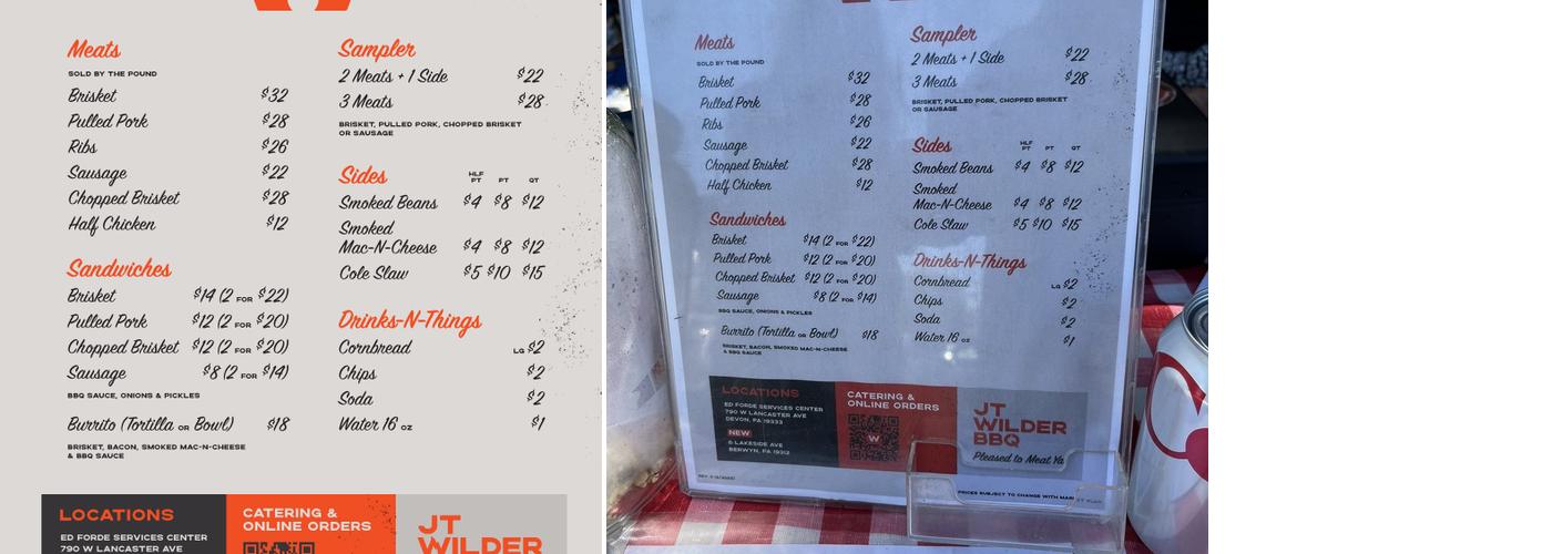 JT Wilder BBQ Menu