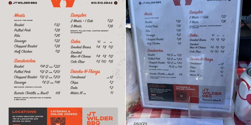 JT Wilder BBQ Menu