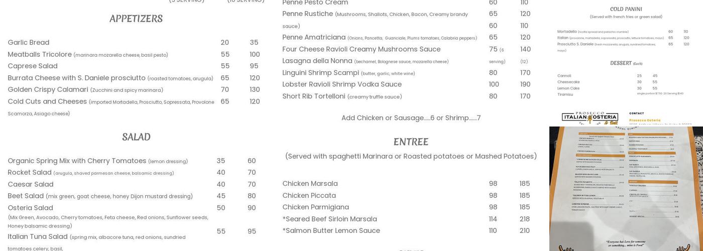 Prosecco Italian Osteria Menu