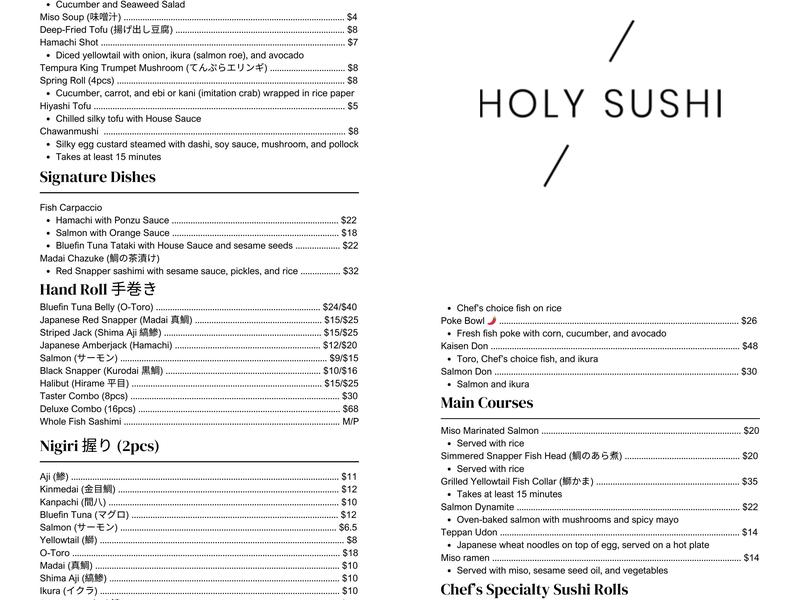 Holy Sushi Menu