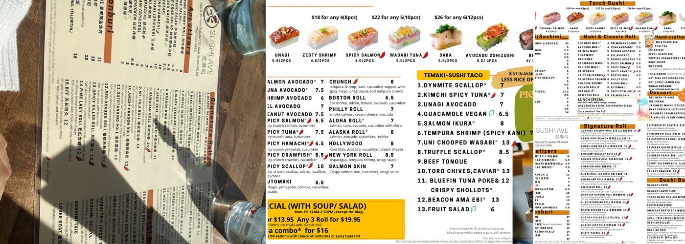 SUSHI AVE Menu