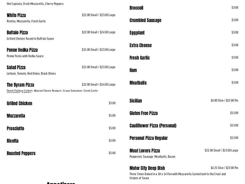 Byram Pizza Company Menu