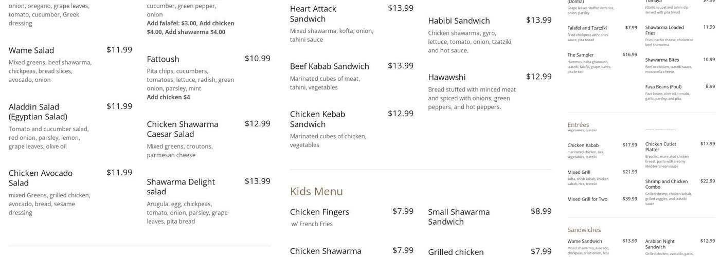Wame Shawarma Menu