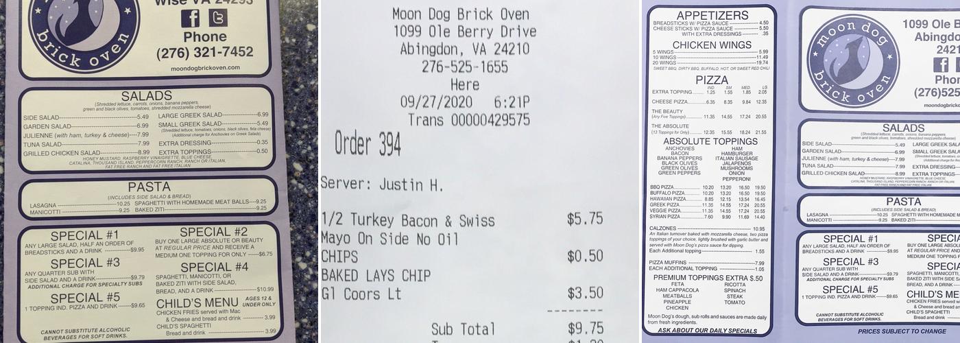 Moon Dog Brick Oven - Abingdon, Va Menu