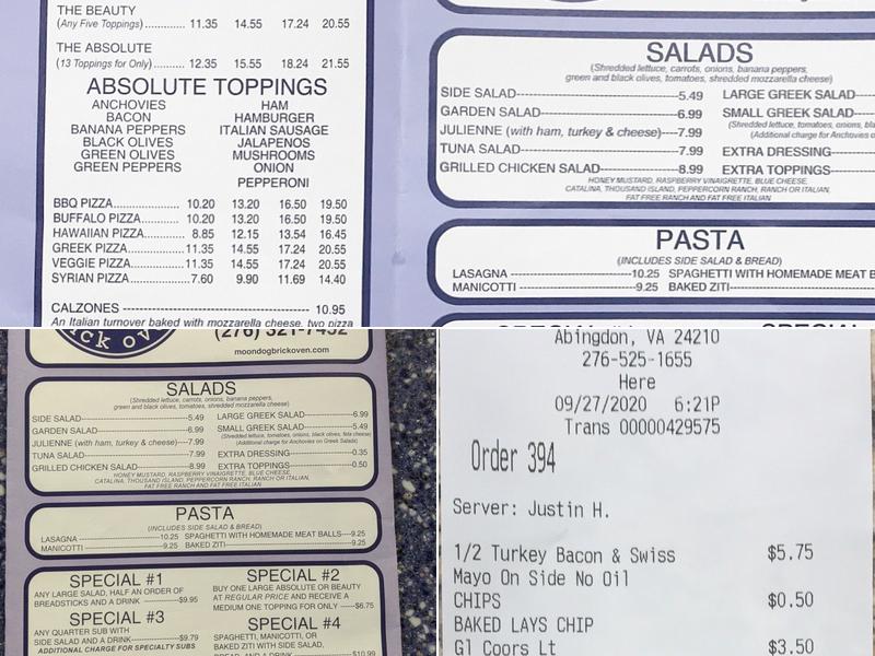 Moon Dog Brick Oven - Abingdon, Va Menu