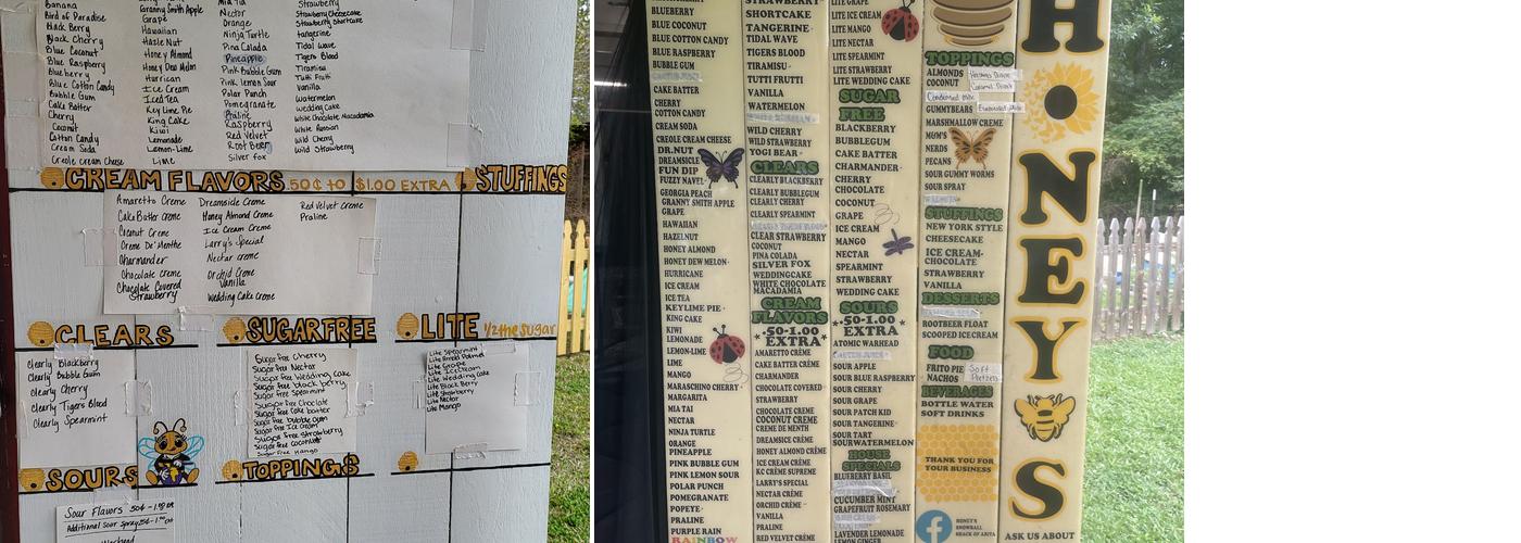 Honey's Snoballs Shack Menu