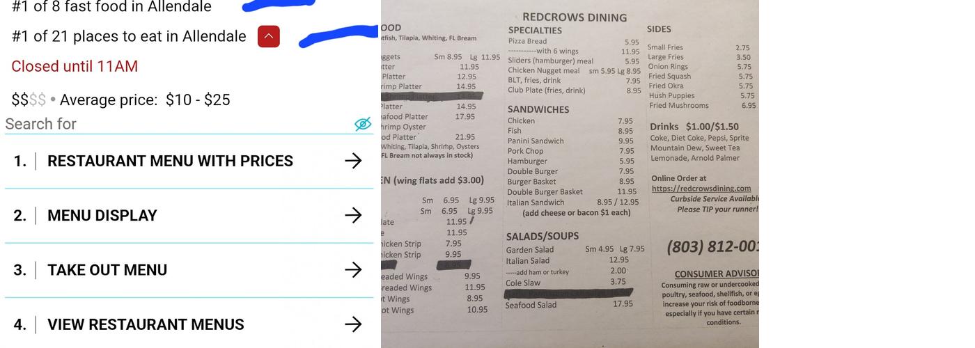 RedCrows Dining LLC Menu