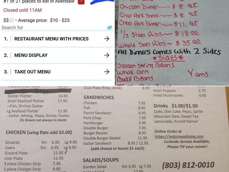 RedCrows Dining LLC Menu