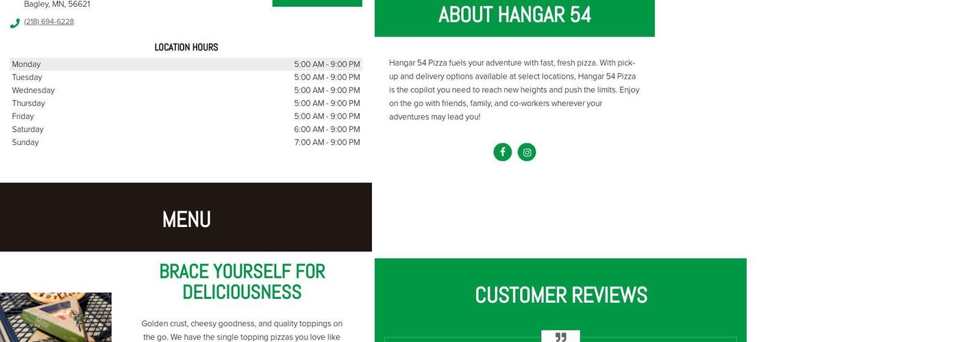 Hangar 54 Pizza Menu