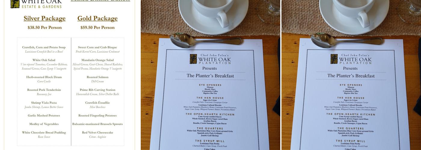 White Oak Estate and Gardens Menu