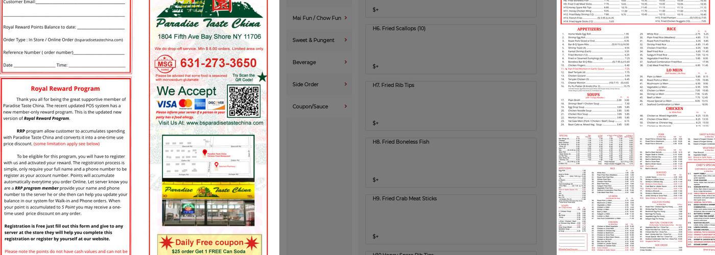 Paradise Taste China Menu