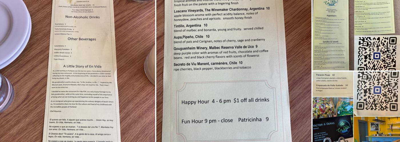 En Vida PDX Menu