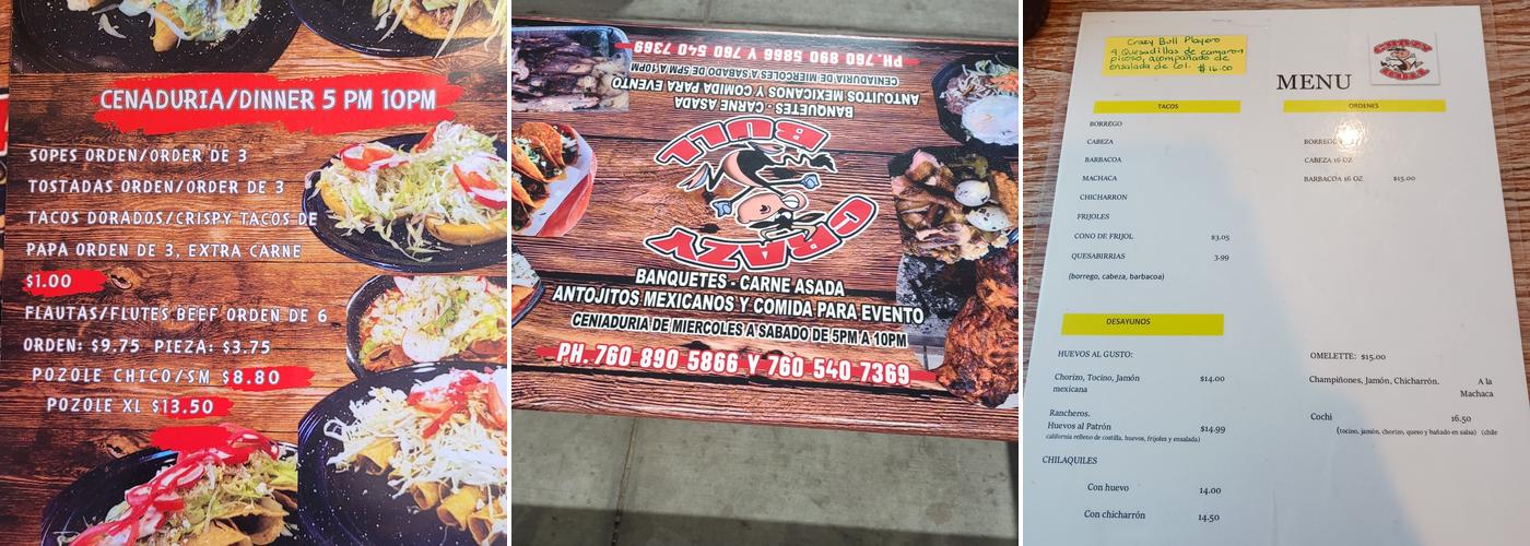 Crazy Bull Inc. Menu