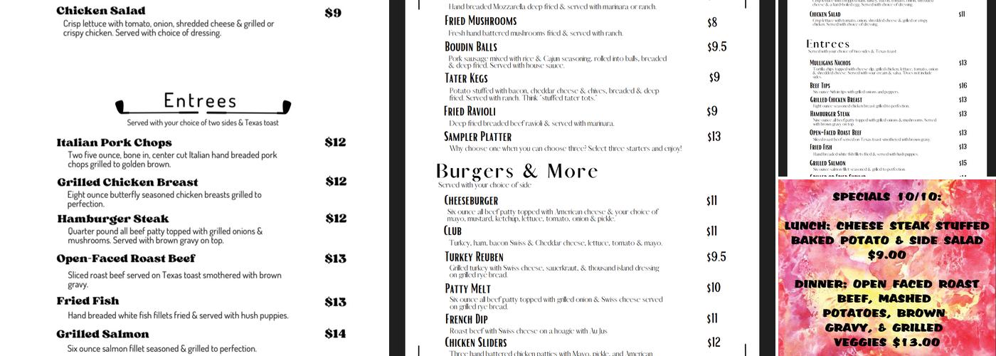 Mulligans Lounge Menu