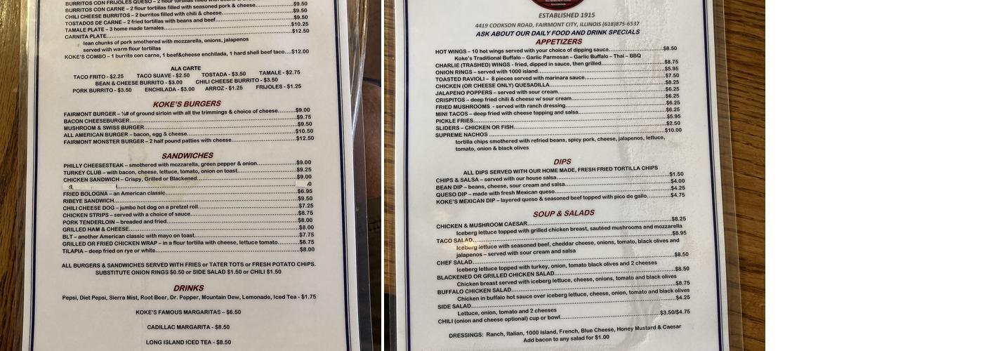 Koke's Menu